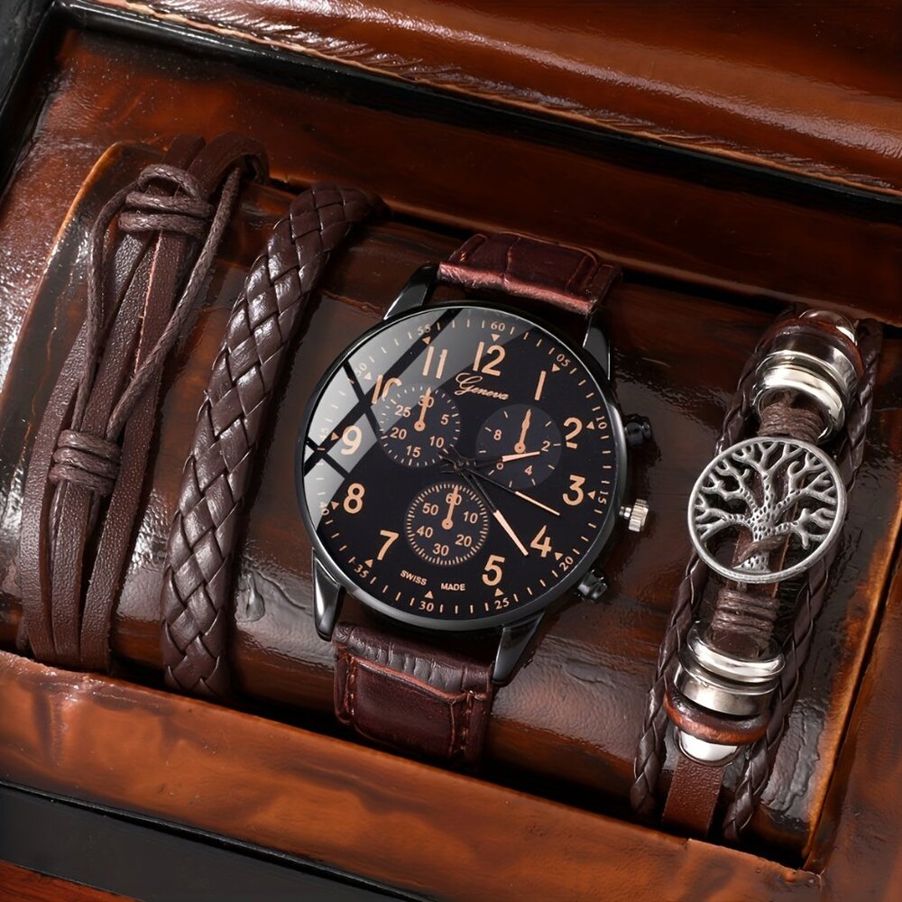4pcs/set, Men's Simple And Stylish Small Dial Quartz Watch And Bracelet Set